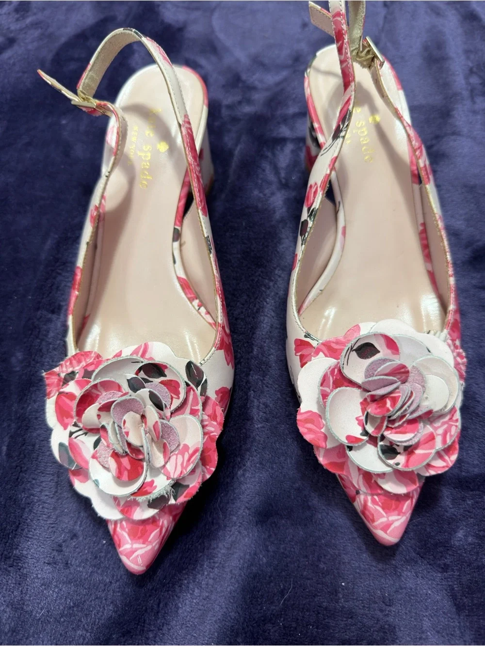 Kate Spade Pink Floral Pointed Slingback Heels with Rose Appliqués